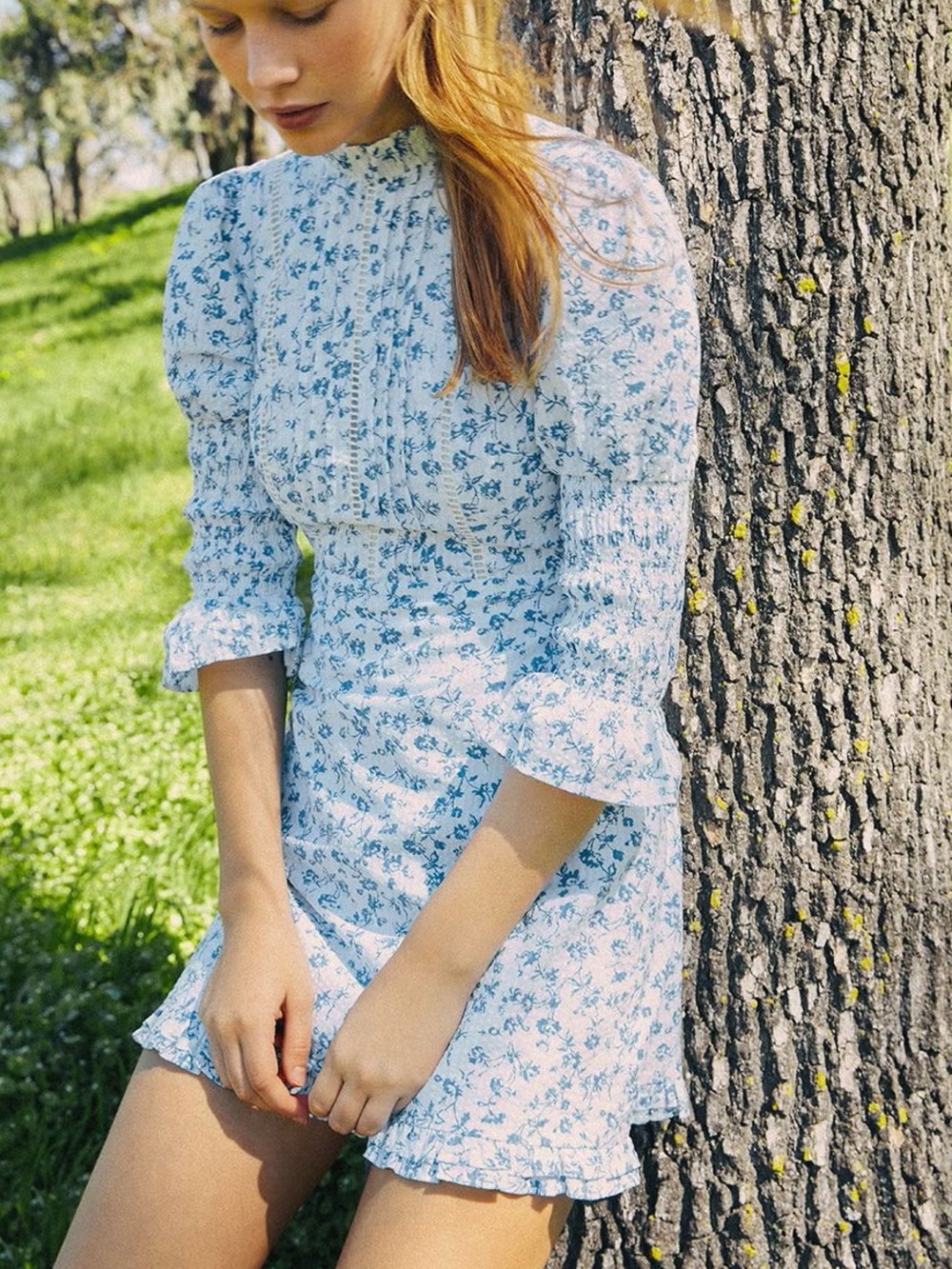 Laura Ashley x UO Maisy Mock Neck Mini Dress White Blue Floral Ruffle Eyelet XS - Picture 14 of 15